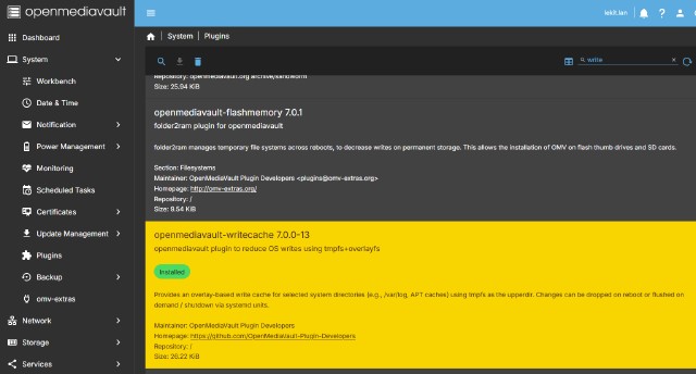 Screen di OMV 7 con la lista dei plugin. Visibili flashmemory e writecache, quest'ultimo installato sul sistema Screen di OMV 7 con la lista dei plugin. Visibili flashmemory e writecache, quest'ultimo installato sul sistema