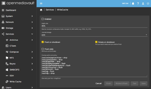 Screen di OMV 7 con le impostazioni del plugin Write Cache lasciate di default Screen di OMV 7 con le impostazioni del plugin Write Cache lasciate di default